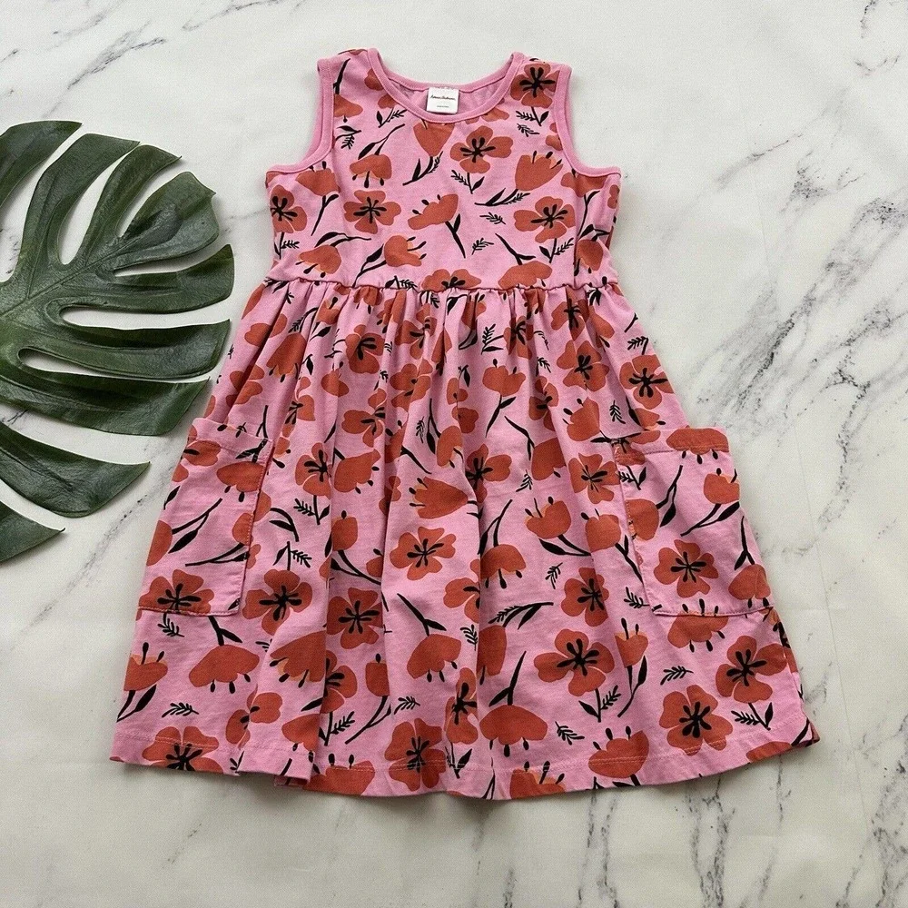 Hanna Andersson Girls Fit and Flare Dress Size 140 10 Pink Orange Floral Cotton - Picture 1 of 8
